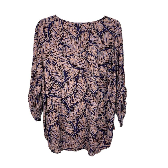 Avenue Women’s 26/28 Blouse Navy Tan Leaf Print Roll Tab Sleeve Viscose Boho Top - Picture 3 of 12